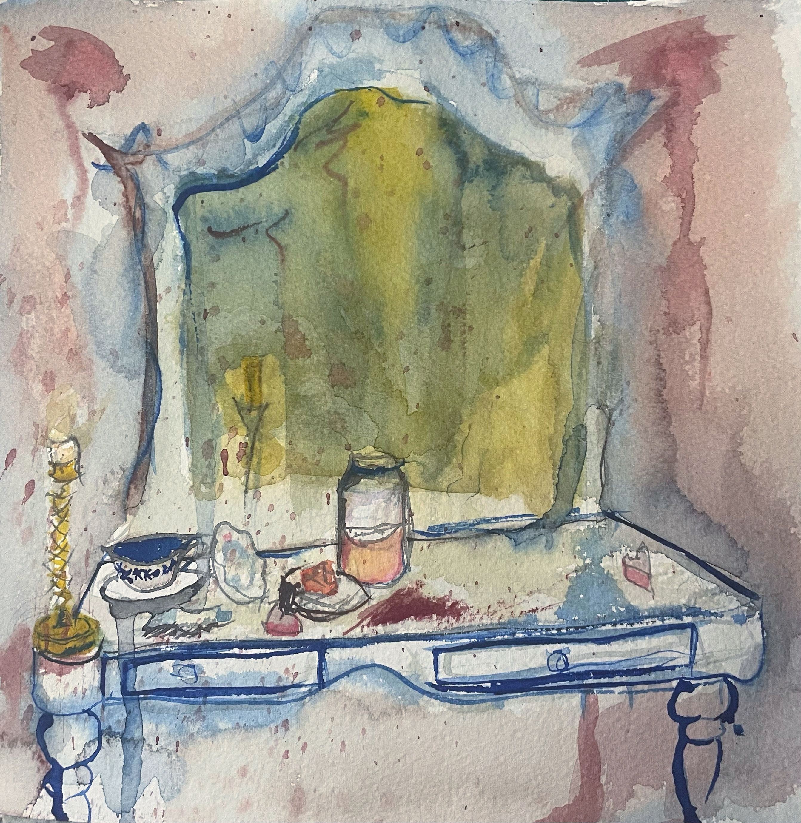 Watercolor painting of a vanity table with mirror and various items